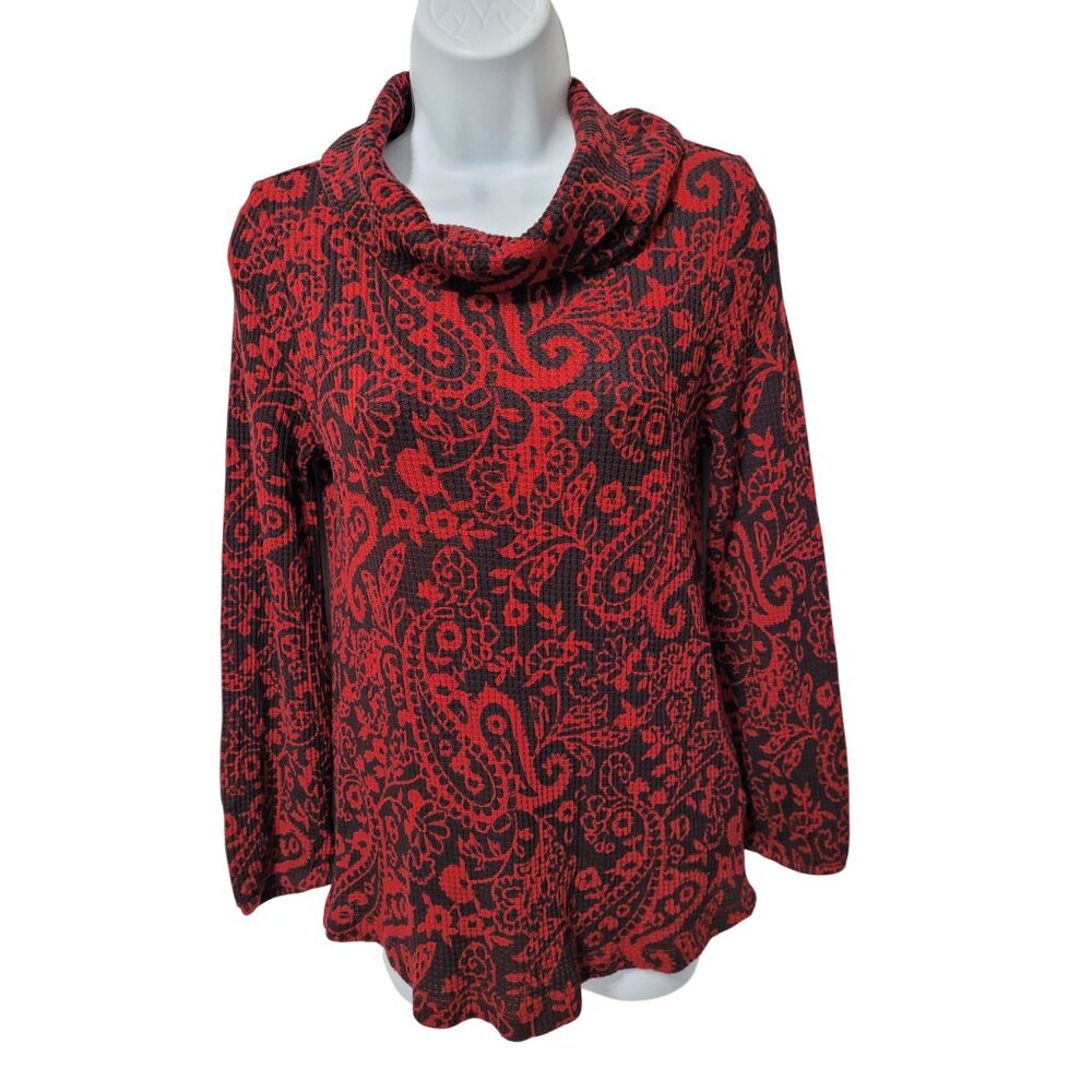 Soft Surroundings Knit Top XS Red Black Paisley Pattern Cowl Neck Long Sleeve